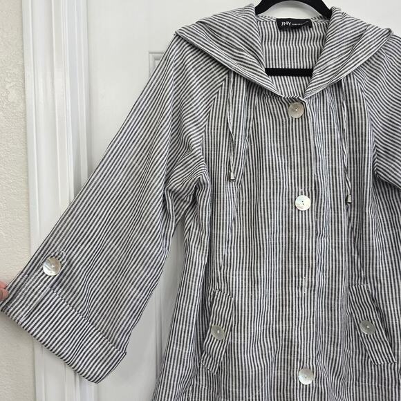 JNY Linen Blend Hooded Tunic Jacket Sz L Black White Striped Coastal Oversized - Picture 2 of 9